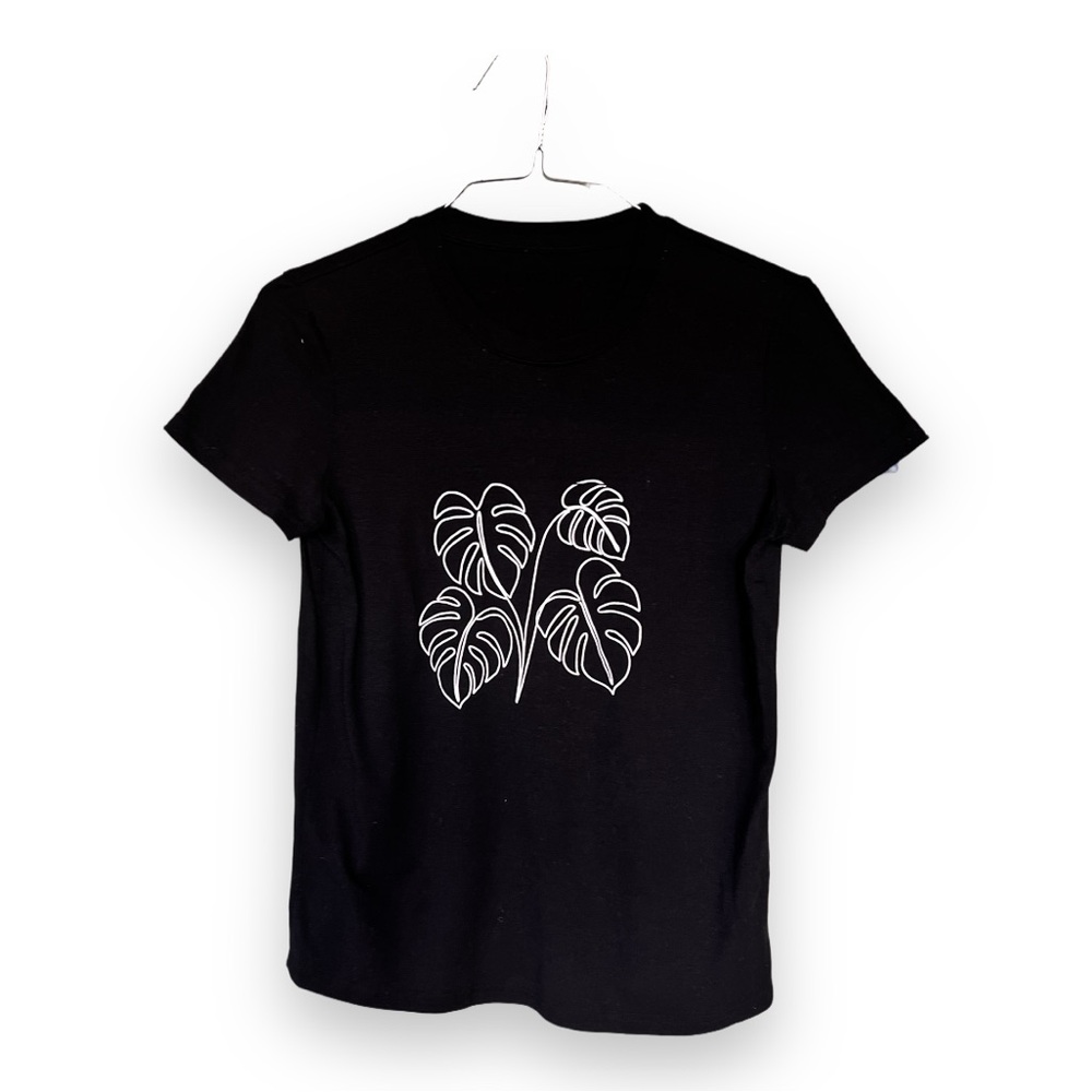 Black Tee with White Hawaiian Monstera Leaf Design